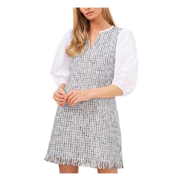 RILEY&RAE Womens White Zippered Pouf Sleeve Split Above The Knee Sheath Dress 14 - Picture 1 of 5